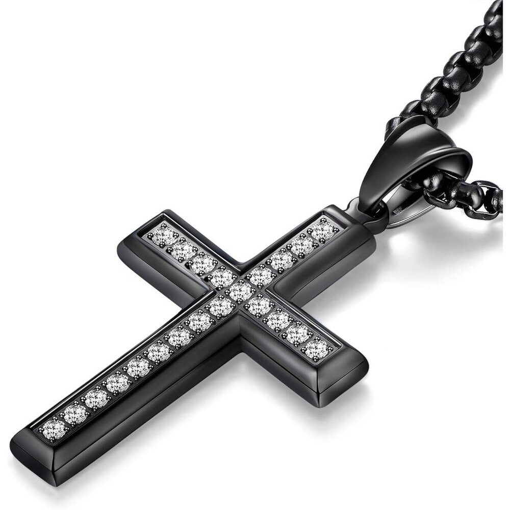 💫 Men Black Cross Pendant Necklace Stainless Steel JesusAnkh Rolo Chain Jewelry